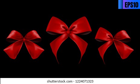 Decorative Red bow with horizontal  isolated on black. Vector set of beautiful bows for page decor for  Holiday decoration element. Birthday or anniversary present. Vector Illustration
