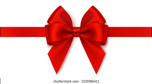 Decorative red bow with horizontal ribbon. Vector bow for page decor isolated on white