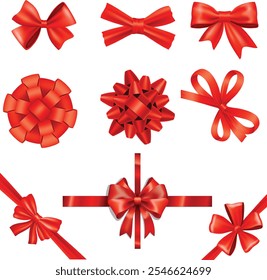 Lazo rojo decorativo con la cinta roja Horizontal aislada en blanco. Vector conjunto de arcos para la decoración de la página