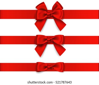 Decorative red bow with horizontal red ribbon isolated on white. Vector set of beautiful  bows for page decor