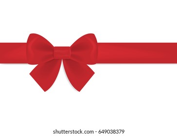 Decorative red bow with horizontal ribbon. Bow for page decor isolated on white background. Vector illustration.