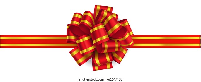 Decorative red bow with horizontal red ribbon for holiday design. Vector red bow isolated on white. New year decoration