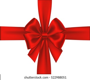 Decorative red bow with horizontal and vertical ribbon isolated on white. Beautiful vector bow for gift decor