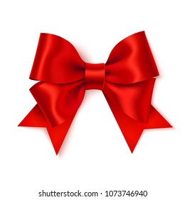 Decorative red bow isolated on white. Vector realistic bow with shadow