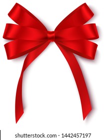 Decorative red bow isolated on white for holiday design. Vector illustration. 