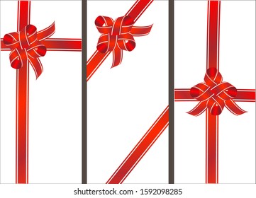 Decorative red bow and long ribbon for gift or present in 3 styles. Isolated on white background. Vector Illustration.