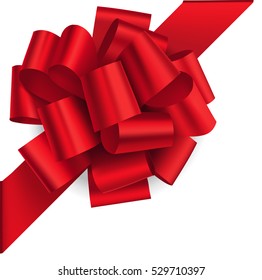 Decorative Red Bow On The Corner With Diagonally Ribbon Isolated On White. Vector Bow For Page Decor