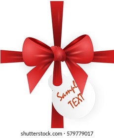 Decorative red bow and ribbon. Teg paper on ribbon. Realistic vector illustration.