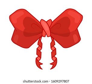 Decorative red bow with ribbon. Vector bow for page decor isolated. Girl bows on hair or gifts decorating. Isolated vector on white background
