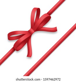 Decorative red bow with ribbons. Gift box wrapping and holiday decoration. Vector illustration