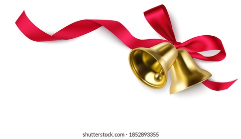 Decorative red bow with swirl ribbon and Christmas golden bells on the corner of page isolated on white. New year background. Vector illustration	