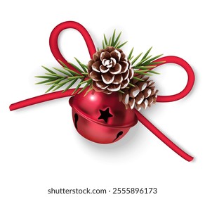 Decorative red bow of tied rope, red bell and pine cone with fir twig isolated on white background. Beautiful Christmas or New Year decoration element for your design. Vector stock illustration.