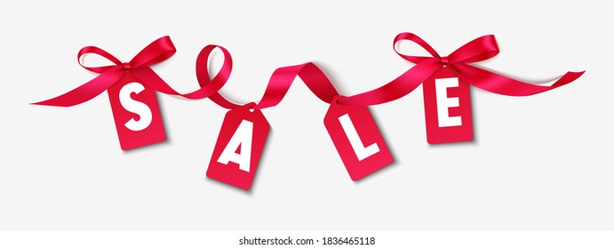 Decorative red bows with red ribbon and price tag. Sale concept. Vector illustration.