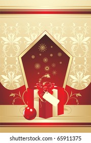 Decorative red box with bow and Christmas ball. Wrapping. Vector