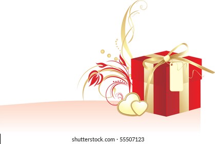 Decorative red box and golden hearts with ornament. Vector