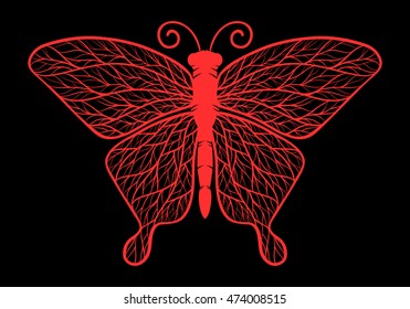 Decorative red butterfly, isolated on black background. Vector illustration.