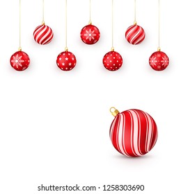 Decorative red Christmas balls set. Vector illustration isolated on white background