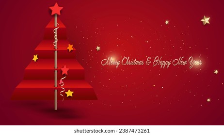 Decorative red Christmas tree on a red background.greeting card design template. banner. poster, advertisement
