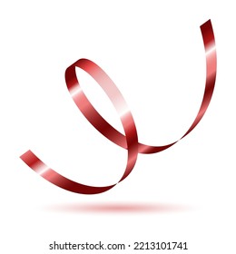 Decorative red curling ribbon element. Christmas, New year, Birthday, Valentine's, Wedding, Holiday or Event decoration.  Isolated on white background with shadow. Realistic vector illustration.