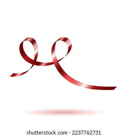 Decorative red curling ribbon element. Christmas, New year, Birthday, Valentine's, Wedding, Holiday or Event decoration.  Isolated on white background with shadow. Realistic vector illustration.