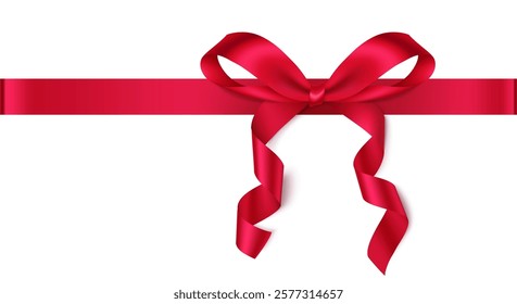 Decorative red fancy bow with horizontal and long swirl ribbon isolated on white. Beautiful Valentines Day holiday decoration for your design. Vector stock illustration.