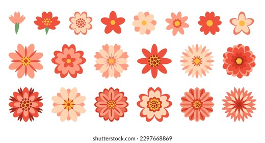 Decorative red flowers set in flat style. Spring summer stickers collection. Vector design elements isolated on white background. Floral symbol, top view.