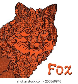 Decorative red fox, hand drawn graphic artwork, vector illustration