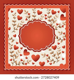 Dekorativer roter Rahmen mit weißem Rand und gewellten Kanten auf einem Hintergrund von Herzen und Ästen. Leerzeichen für Text. Zum Valentinstag, Geburtstag, Hochzeit. Postkarte, Poster, Serviette, Tischdecke, Teppich.
