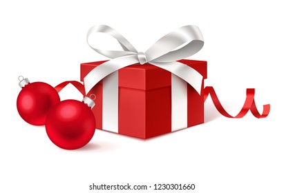 Decorative red gift box with silver bow and Christmas balls isolated on white. Vector illustration