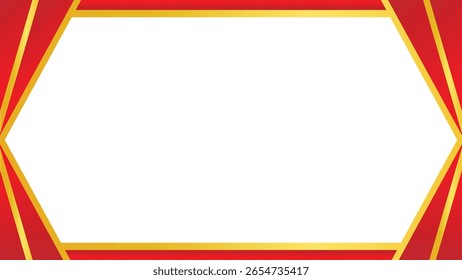 Um quadro decorativo vermelho e dourado com um centro hexagonal branco vazio, adequado para colocação de texto em desenhos ou apresentações.