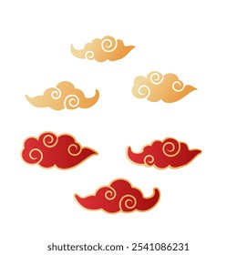 Decorative red and gold oriental clouds with swirl patterns for elegant designs.