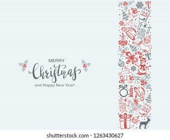 Decorative red and gray elements on a blue background. Holiday card with lettering Merry Christmas and Happy New Year, illustration.