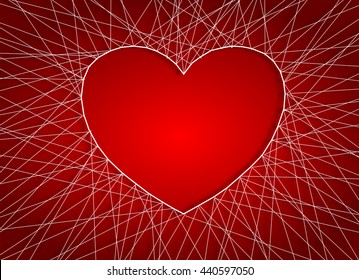 Decorative red heart card holiday Valentine's day. Beautiful heart luminous electric garlands, threads and nails. Vector illustration red heart Valentine's day, card. Trendy Valentines day red heart.