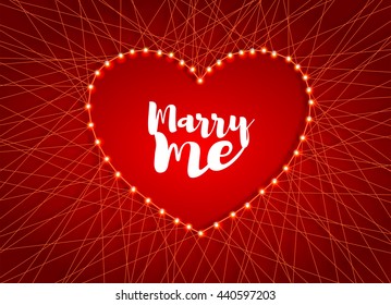 Decorative red heart card holiday Valentine's day. Beautiful luminous electric garlands, threads and nails. Vector illustration red heart Valentine's day, card. Trendy Valentines day greetings