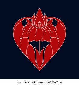 Decorative red heart with a flower. Valentines day symbol of love in Art Deco style. Vector Illustration.