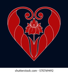 Decorative red heart with a flower. Valentines day symbol of love in Art Deco style. Vector Illustration.