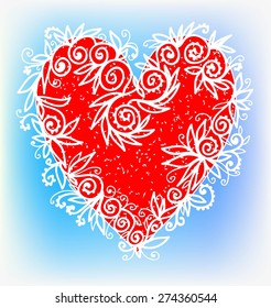 Decorative red heart with lace, vector illustration.