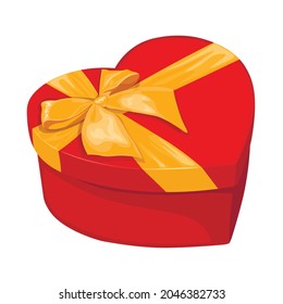 Decorative red heart shaped gift box with decorative yellow gold bow. gift, surprise, holiday. Vector illustration for the new year. Valentine's day decoration