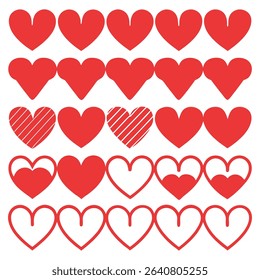 Decorative red heart shapes arranged in rows for valentine's day or love-themed designs