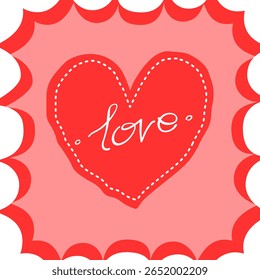 coração vermelho decorativo com a palavra amor, situado dentro de um quadro recortado, rosa claro. expressões de afeto e romance.
