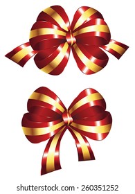 Decorative red holiday bow with golden stripes.