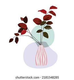 Decorative red leaves in ceramic, background vase ornament, trendy home decor with leaves collection icons isolated, vector illustrations.