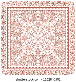 Decorative red line ornament on white background, symmetric pattern with doodle lace frame. Tribal ethnic mandala decor. Bandana shawl, tablecloth fabric print, silk neck scarf, kerchief design
