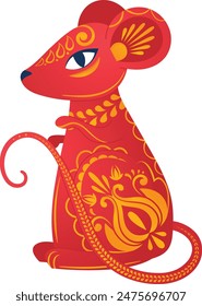 Decorative red mouse adorned golden patterns displaying deviation standard animal illustrations. Symbolic colorful rodent infusion geometric floral ancient traditional design eastern cultures