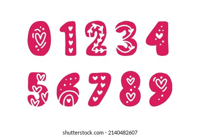 Decorative red numbers. Love Valentine day alphabet with a heart numbers zero one two three four five six seven eight nine. Vector Illustration.