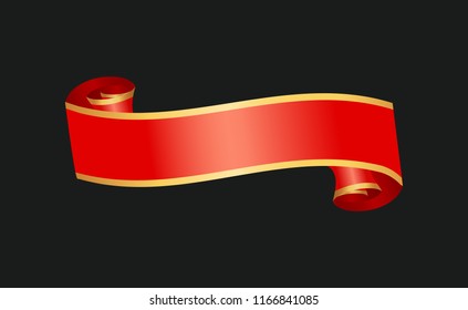 Decorative red ribbon banner, isolated vector badge. Ready for text, glossy horizontal string, scrolled and curly strip, with shiny golden frame.