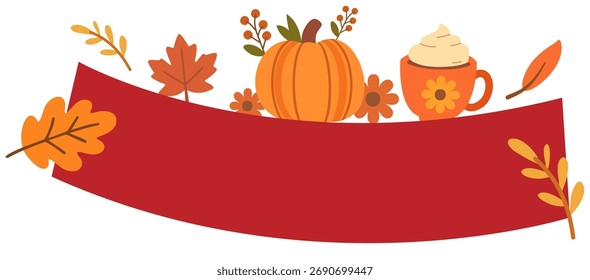 Banner de fita vermelha decorativa com abóboras e tema de outono coruja