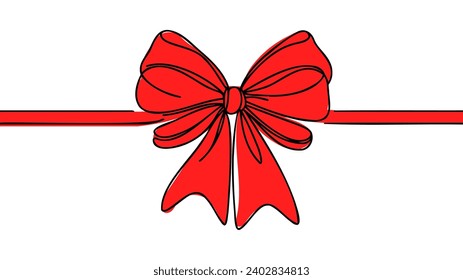 Decorative red ribbon bow in continuous line art drawing style. Festive bow-knot minimalist black linear design isolated on white background. Vector illustration