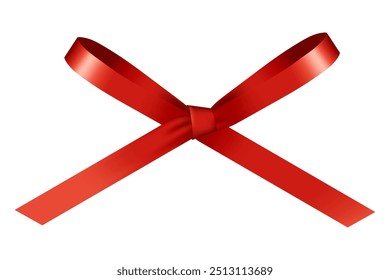 Decorative red ribbon bow element. Isolated mockup for Christmas, New year, Birthday, Valentine's, Wedding, Holiday or Event decoration. Realistic illustration.