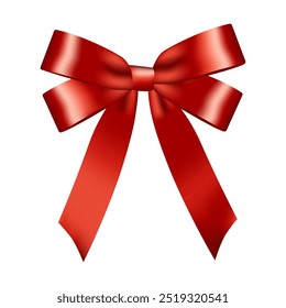 Decorative red ribbon bow element. Isolated mockup for Christmas, New year, Birthday, Valentine's, Wedding, Holiday or Event decoration. Realistic illustration.